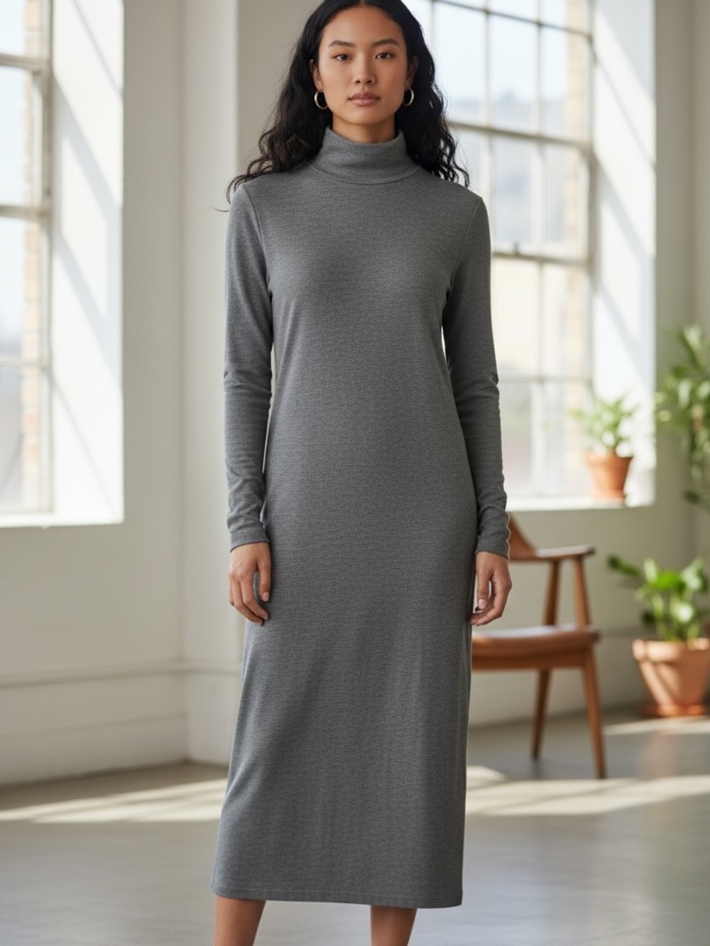 70s J CREW GRAY CLASSIC COTTON KNIT MINIMALIST TURTLENECK LONG COLUMN MIDI DRESS